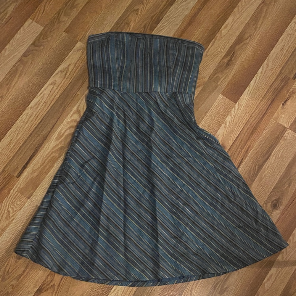 Green and Brown Striped Strapless Dress